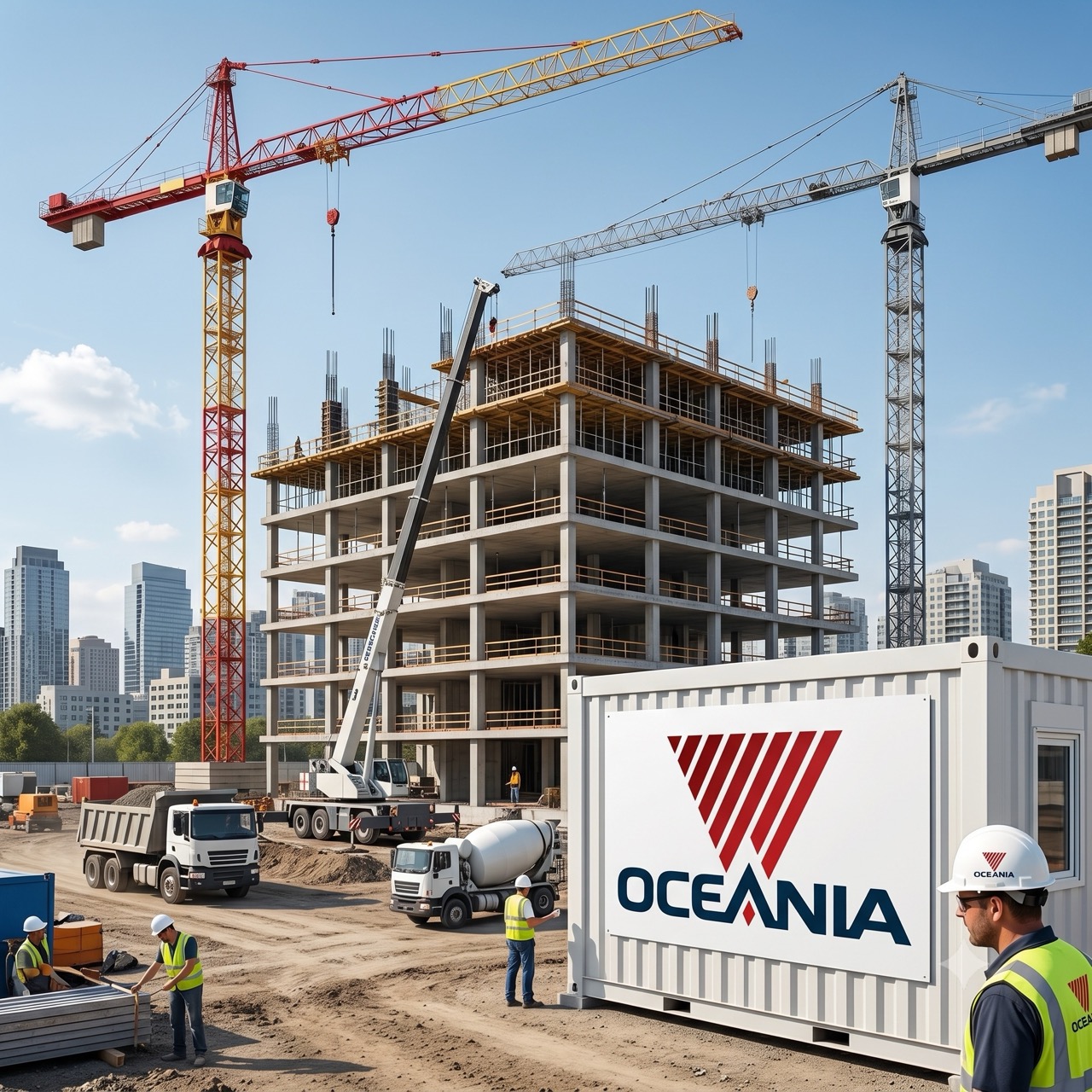 Canteiro de obras da Oceania Engenharia com guindaste, estrutura em construção e logotipo da empresa, representando projetos de infraestrutura pública e contratos governamentais